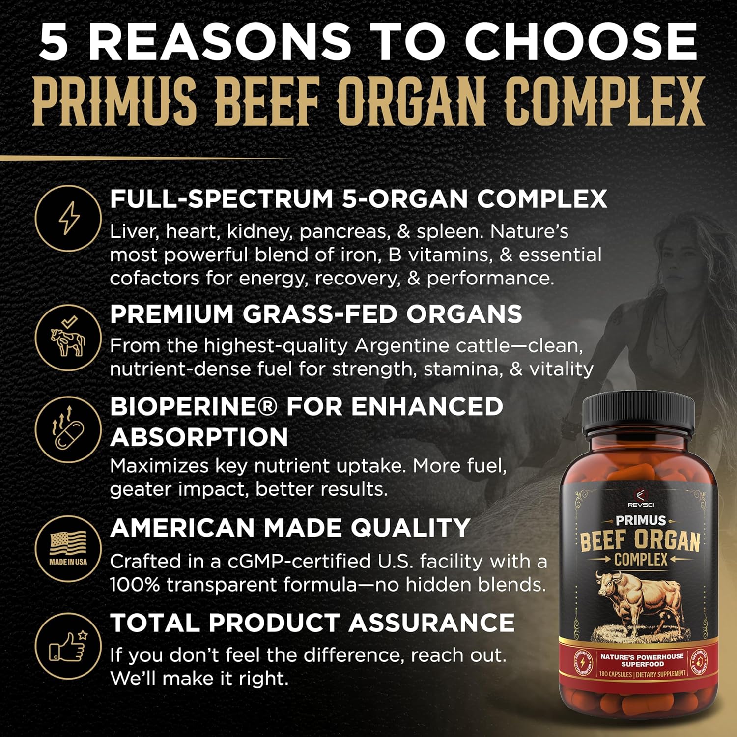 Grass Fed Beef Organ Supplement for Men & Women - PRIMUS Grassfed Beef Liver Capsules with Heart, Ancestral Blend 5 Organ Meat Supplements & BioPerine for Absorption, Vitality, Energy, 180 Pills - Image 2