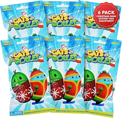 Vista 15 de Cats vs Pickles Paquete de 2 bolsas misteriosas de frijoles navideños – Peluches rellenos de frijoles sorpresa de 4 pulgadas, rellenos