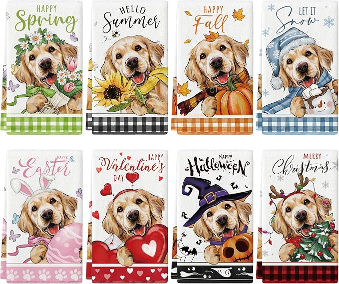8 Pcs Seasonal Holiday Kitchen Towels, Cute Puppy Dog Golden Retriever Kitchen Dish Towels, Summer Fall Absorbent Kitchen Towel Halloween Christmas Holiday Hand Towels Decorative Set (Dog)