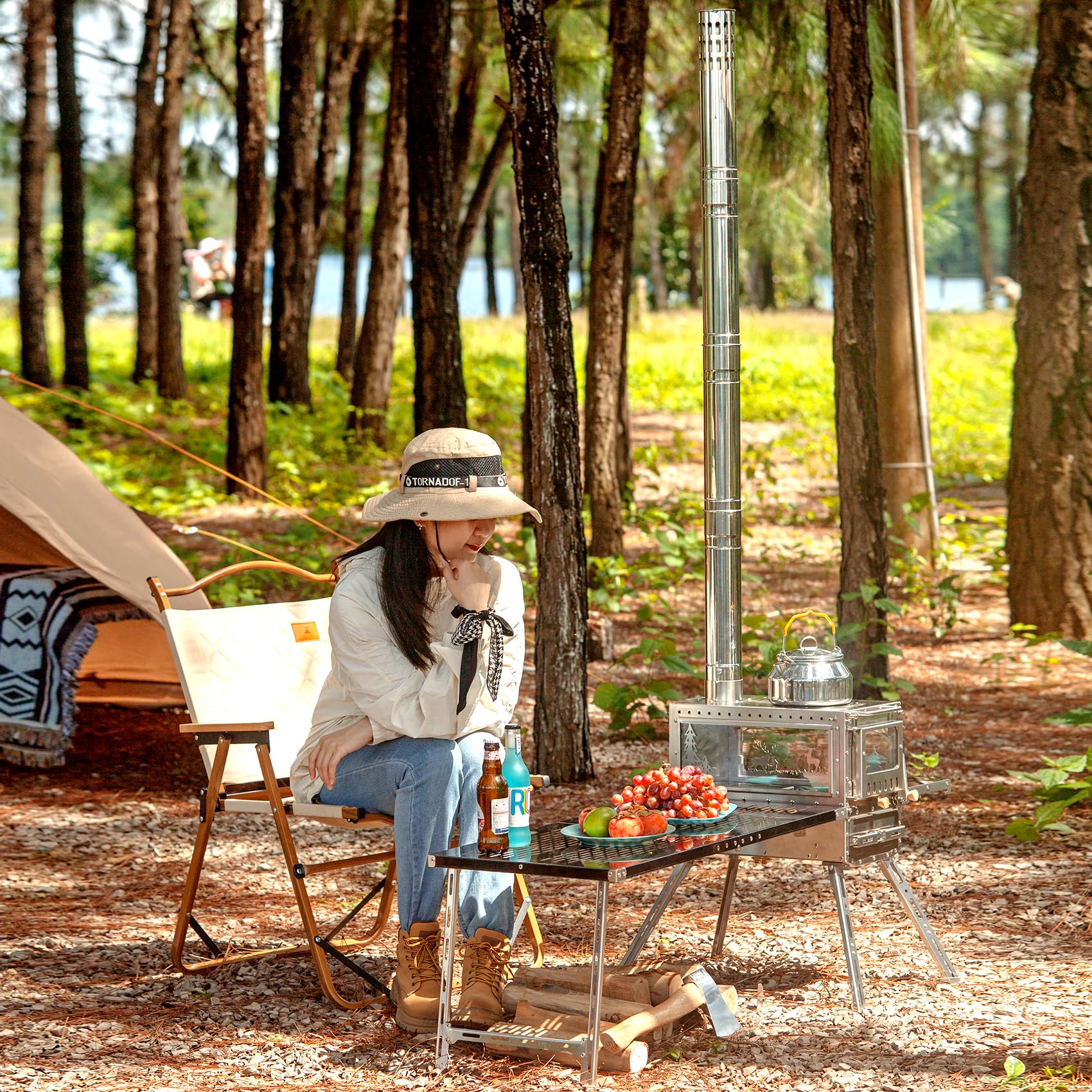 Estufa de leña, estufa de leña, estufa de tienda de campaña caliente, estufa de campamento portátil de acero inoxidable con horno y mesa de campamento y 6 tubos de chimenea para exteriores, camping 9
