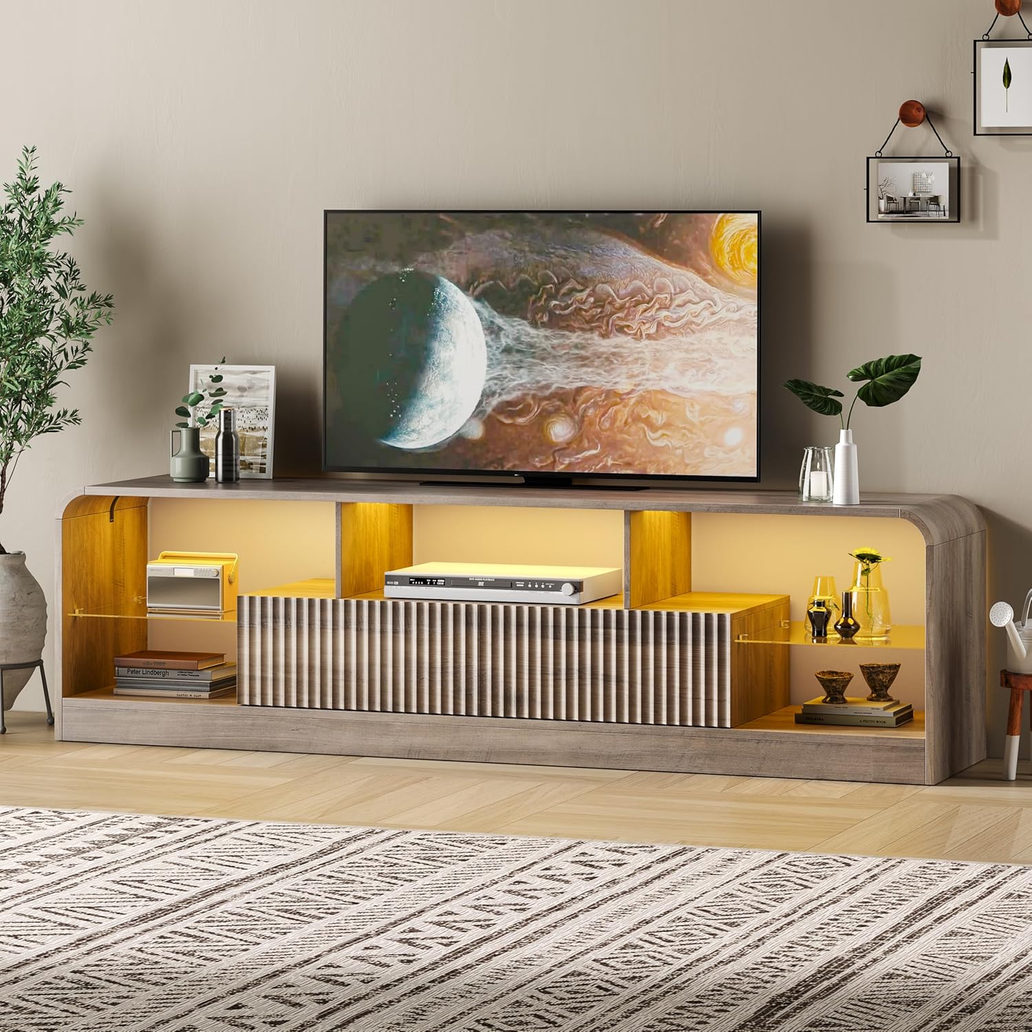 TV Stand for 60/65/70 Inch TVs, Modern Curved TV Console with LED Lights, 2 Drawers & Glass Shelves, Living Room Entertainment Center