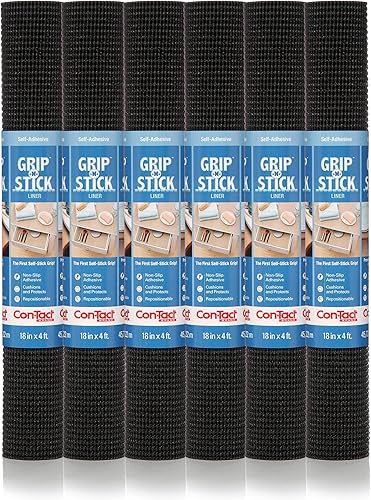 Con-Tact Brand Grip-N-Stick - Forro antideslizante duradero para estantes y cajones, 18 pulgadas x 4 pies, negro, 6 rollos