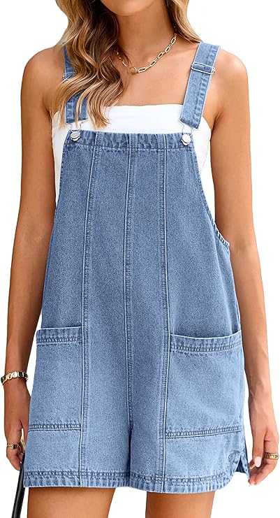 Glamaker Womens Denim Overalls Romper Casual Loose Fit Jean Rompers Adjustable Straps Overall Shorts Summer Outfits