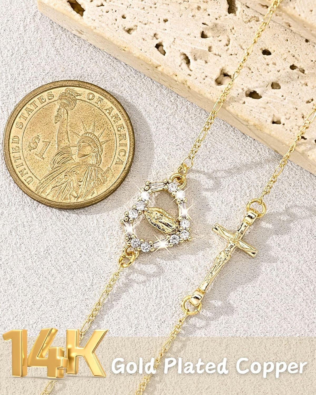 J&H DiaJuvelo 18k Gold Rosary 20 Inch Necklace for Women, Virgin Mary Miraculous Jewelry, Catolicos Long Cross Pendant, Dainty Crucifix Religious Rosarios Beads Trendy Gifts - Image 5