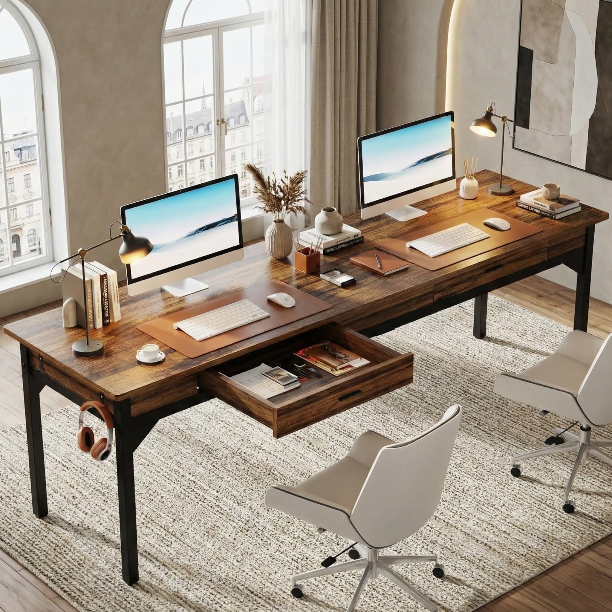 Lailang 200cm Escritorio de Computadora, Mesa Escritorio Grande, Mesa de Oficina despacho, Escritorio con Cajones, Mesa con cajones Madera, Escritorio 2 Metros, 200 x 60 x 82 cm, Marrón Rústico