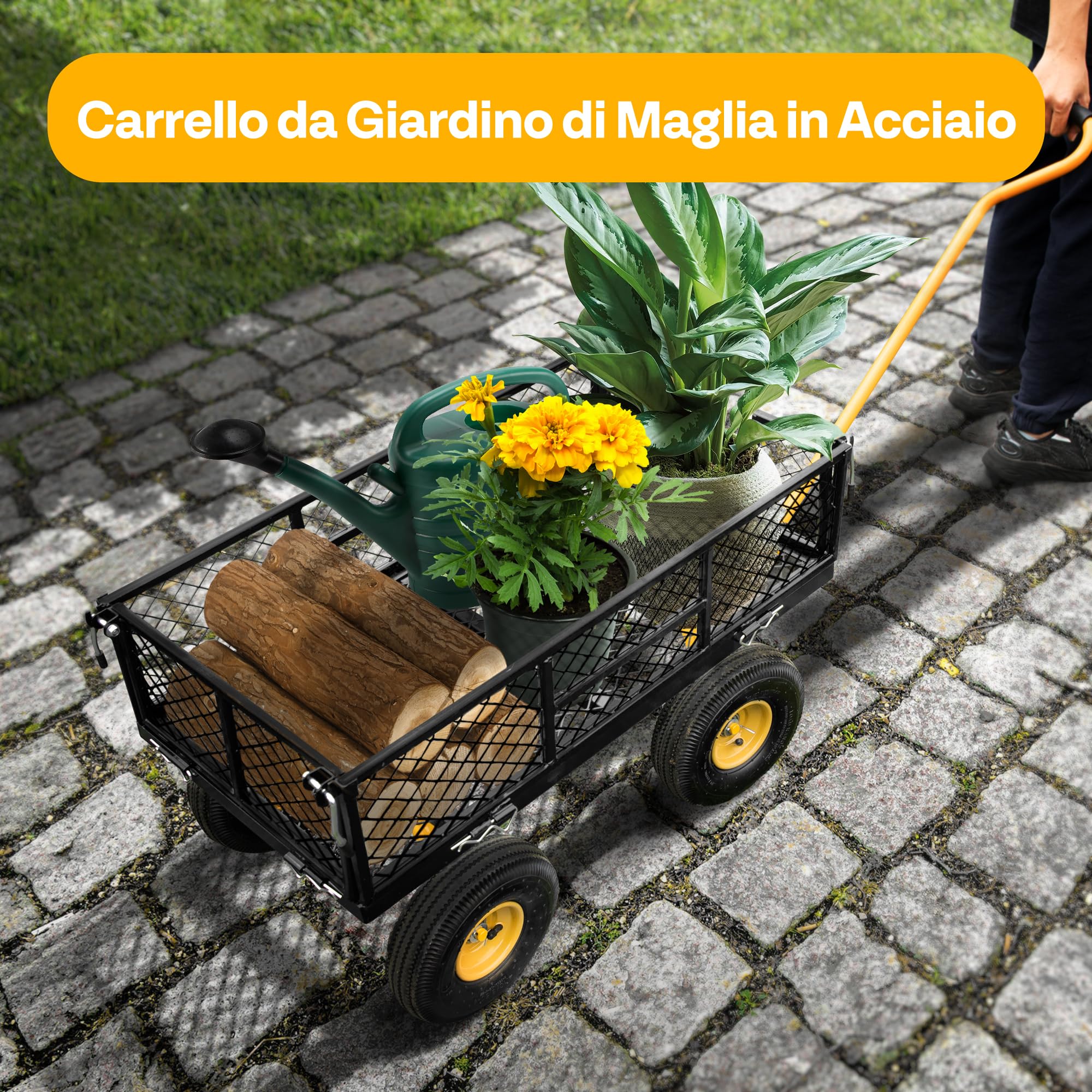 VIVOHOME Carrello da Giardino in Rete d'Acciaio Resistente Portata Fino a 400kg, Carretto con Ruote Grandi per Campeggio Giardinaggio Rimorchio Nero
