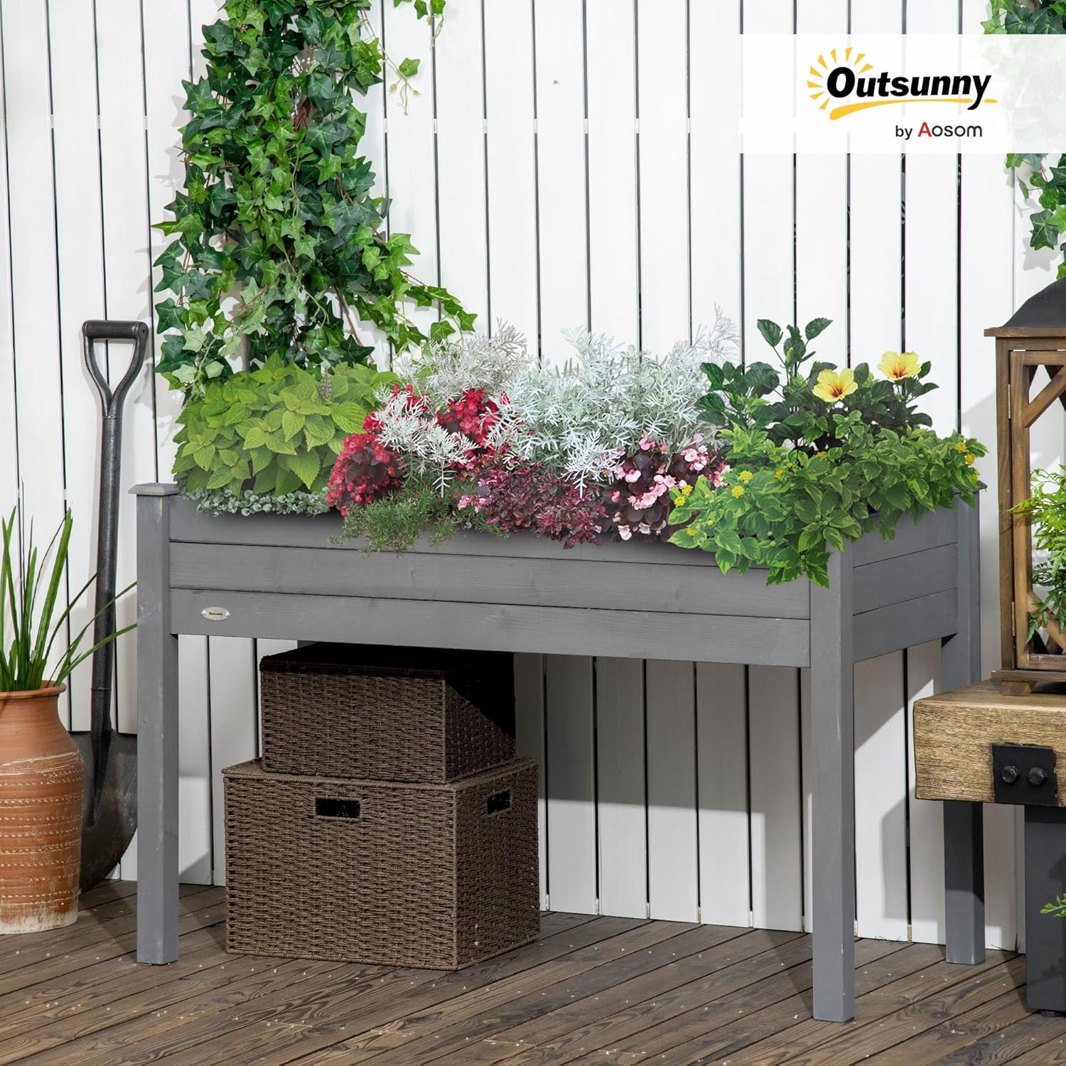 Outsunny Raised Garden Bed with Legs, 48" x 22" x 30", Elevated Wooden Planter Box, Self-Draining with Bed Liner for Vegetables, Herbs, and Flowers Backyard, Patio, Balcony Use, Dark Gray