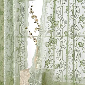 Green Boho Lace Curtains 84 Inch 2 Panels Vintage Floral Pattern | Sage French Country Flower Sheer Curtains for Living Room Bedroom,Farmhouse Victorian Chic Drapes,Light Filtering,Rod Pocket