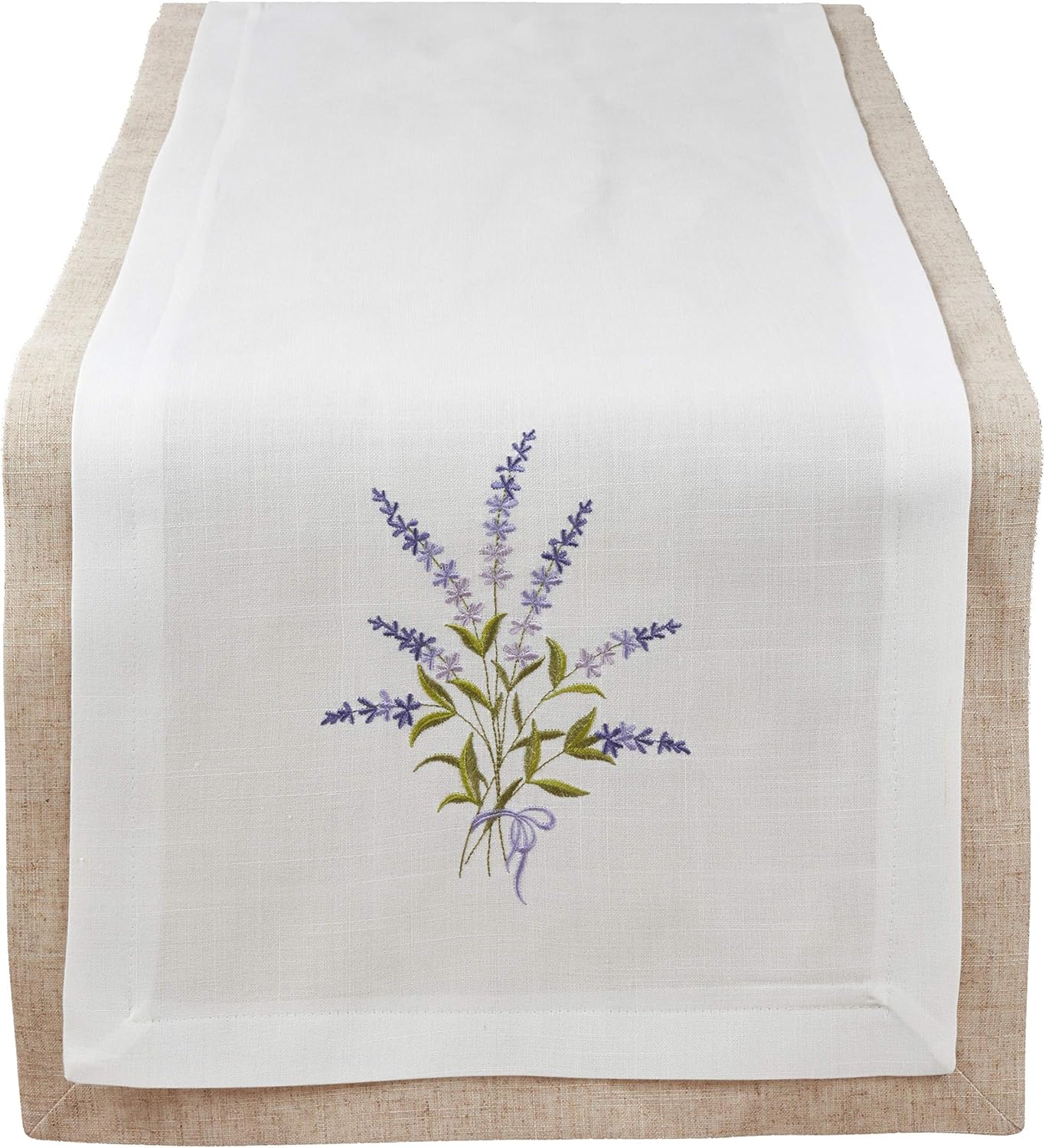 Fennco Styles Lavandula Collection Country Double Layer Lavender Design Linen Blend 16 x 72 Inch Table Runner – Ivory Table Runner for Banquets, Wedding, Special Events and Home Décor