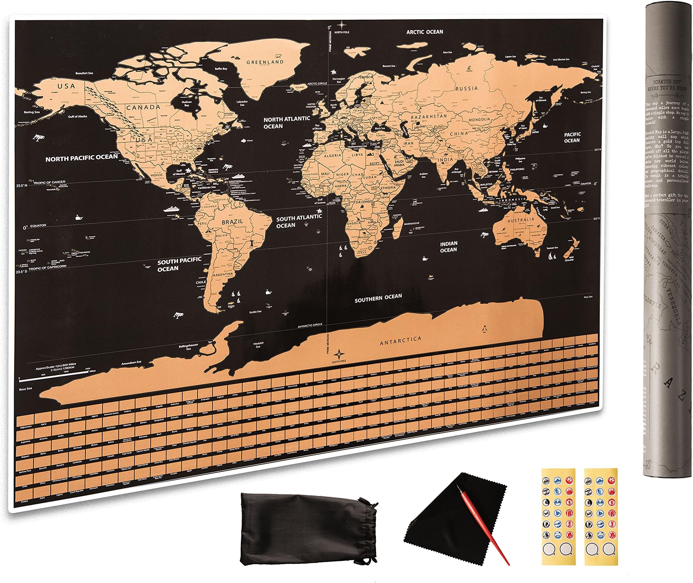 PREMIUM Scratch off the World Map Gift Ready 32.5"x23.4" INCLUDES scratch tool, wipe cloth, memory stickers & storage bag; Track your ADVENTURES - Outlines States & Provinces Office Product