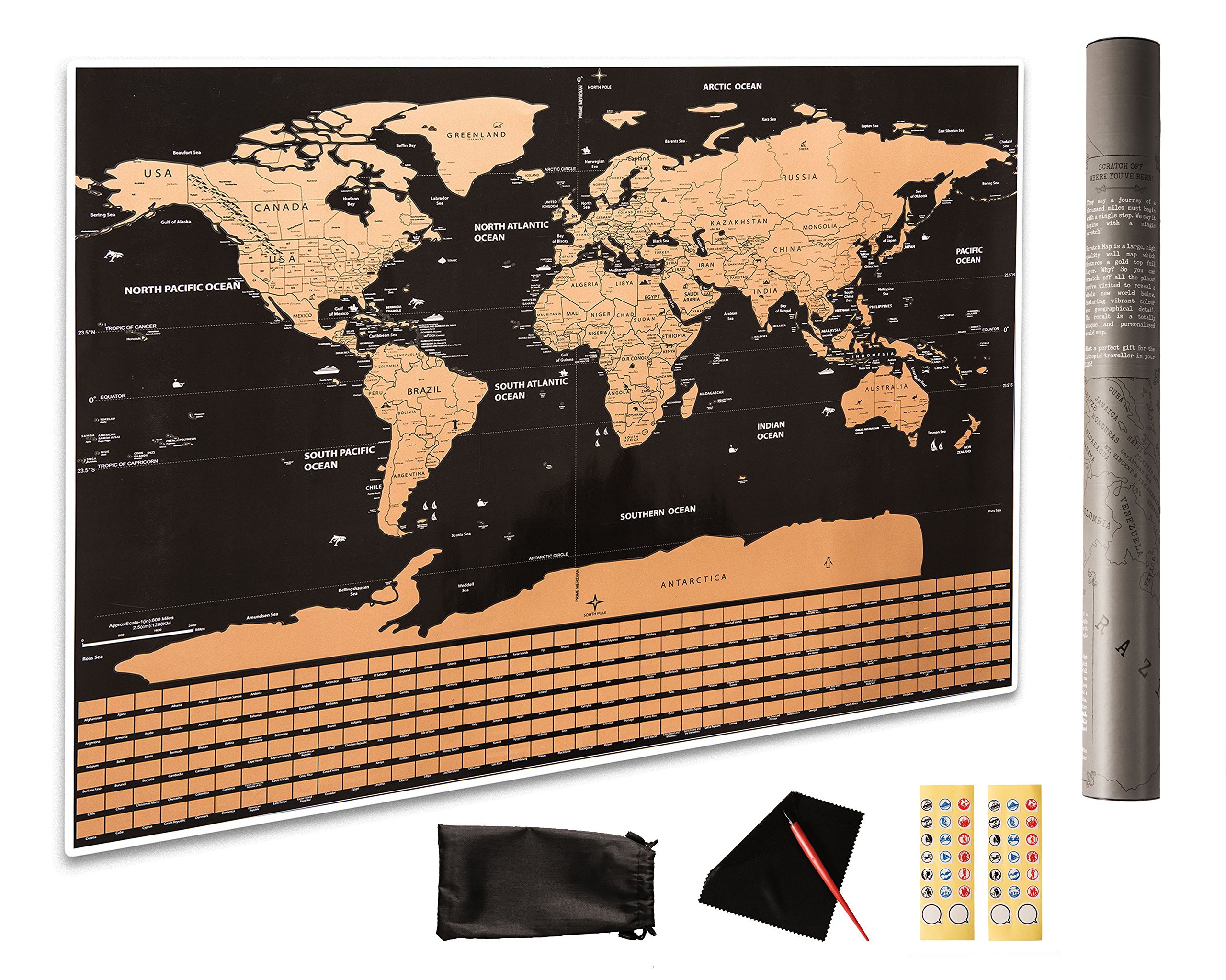 PREMIUM Scratch off the World Map Gift Ready 32.5"x23.4" INCLUDES scratch tool, wipe cloth, memory stickers & storage bag; Track your ADVENTURES - Outlines States & Provinces Office Product