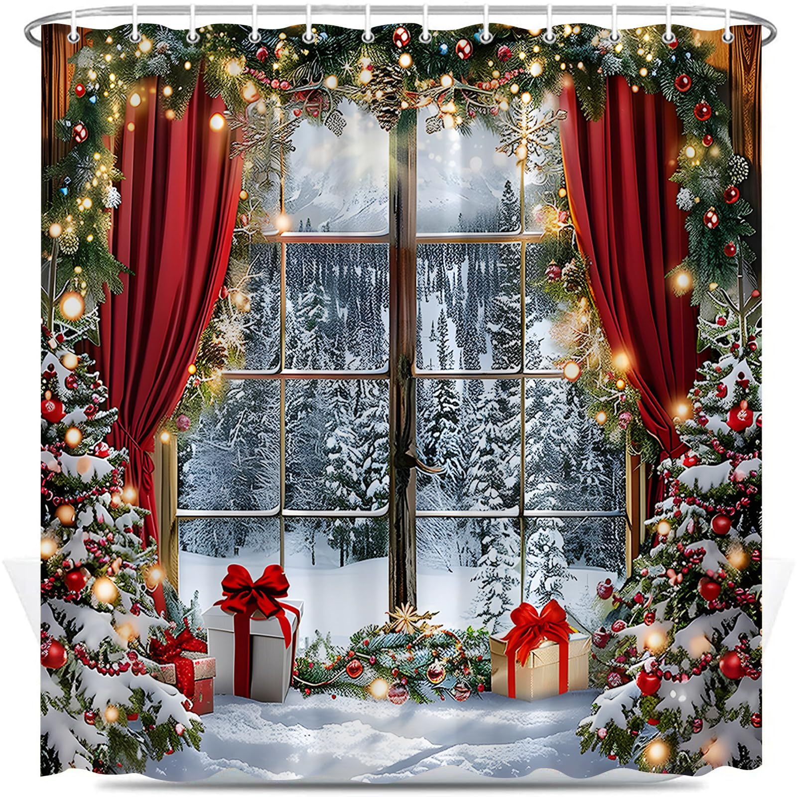 Rideau De Douche Crèche De Noël - 91,4x183 Cm, Tissu Imperméable, Motif Grange, Moutons, étoile