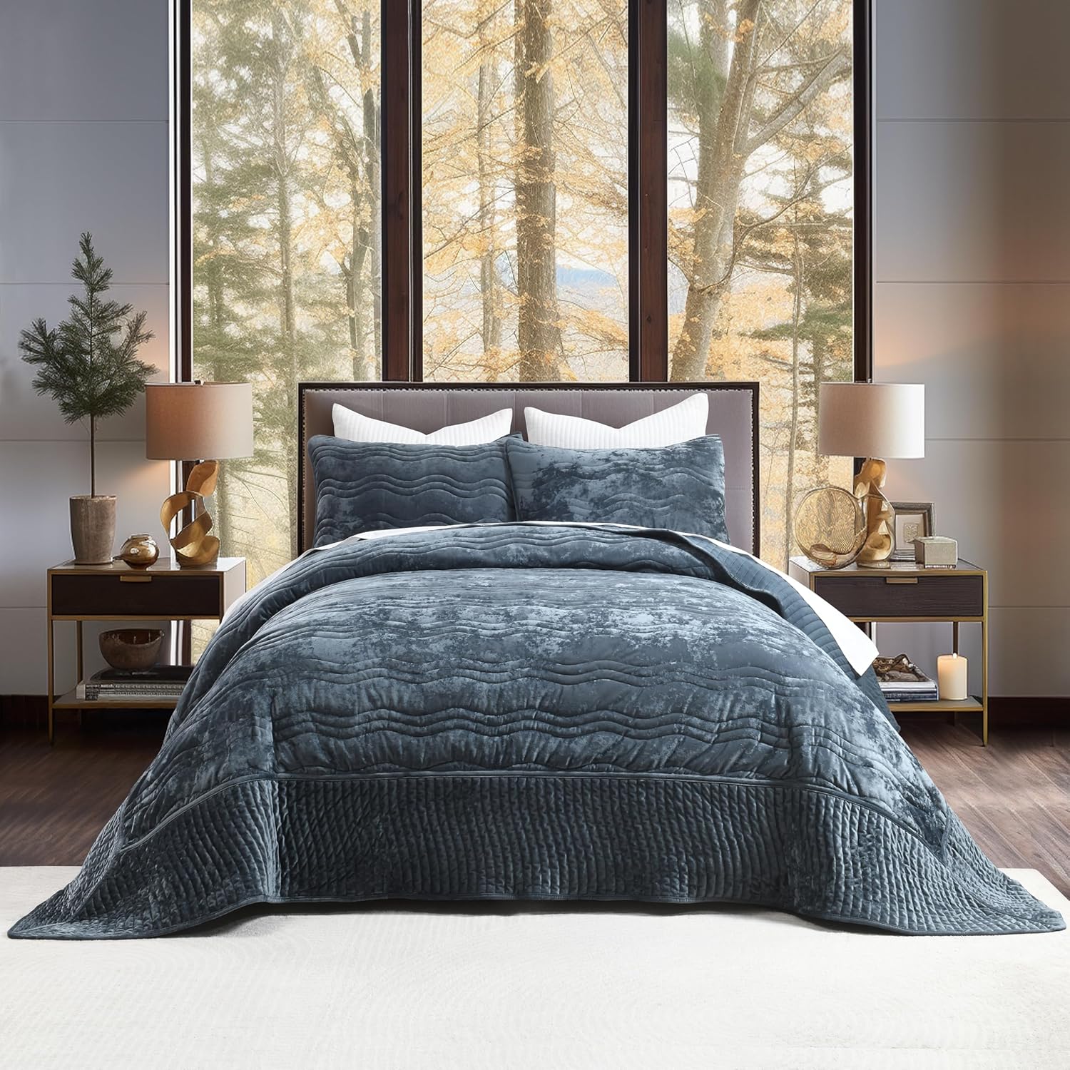 Velvet California King Size Quilt, Oversized California Comforter Set Stormy Blue Bedding Comforter Sets (118”*106”) with 2 Pillow Shams, Luxurious Quilt Set,All-Season 3 Pieces