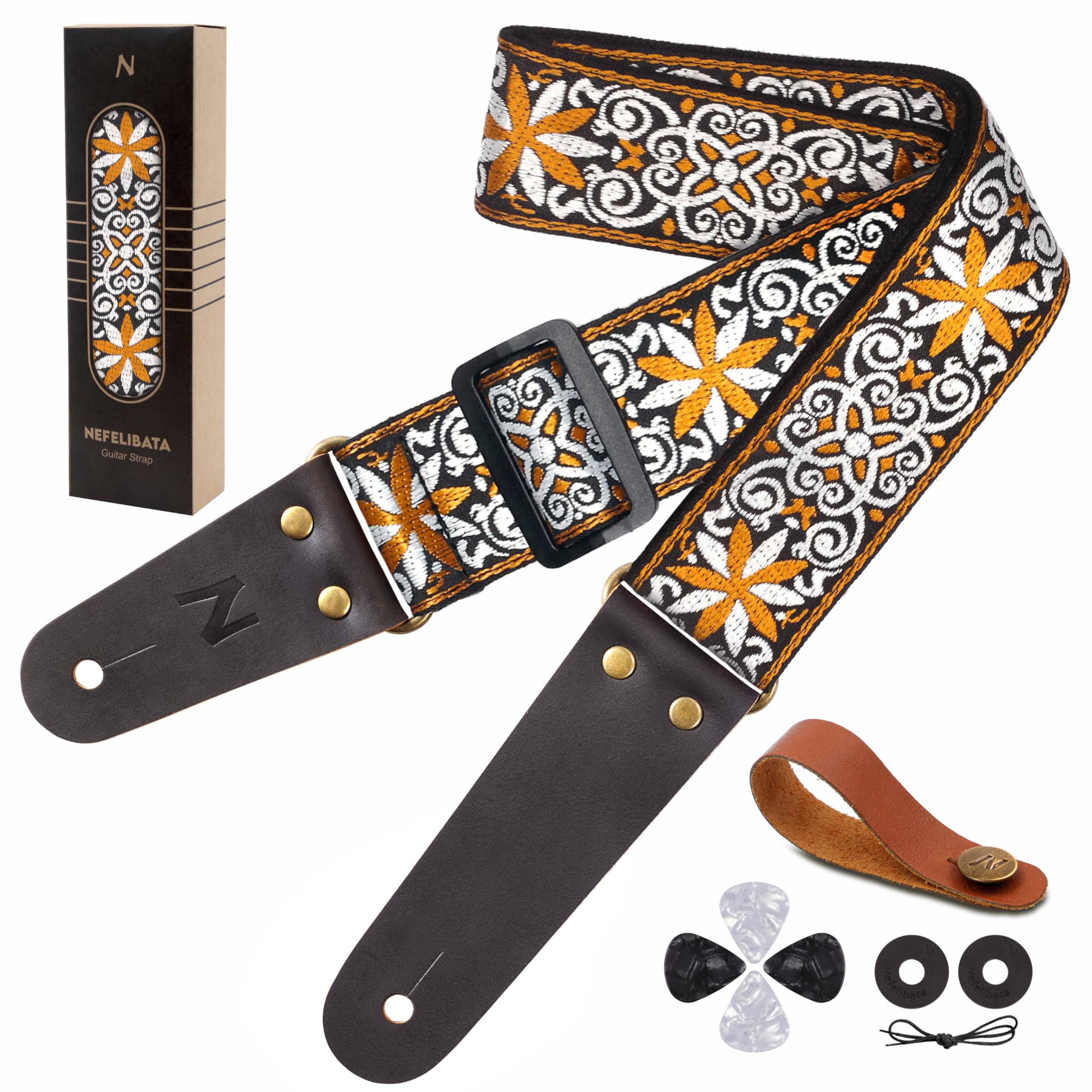 Nefelibata Gitarrengurt, bestickte Baumwollgitarrengurte mit Echtlederenden für Bass-, Elektro- & Akustikgitarren, mit kostenlosem Gurtknopf, 1 Paar Gurtschlössern und 4 Gitarrenplektren