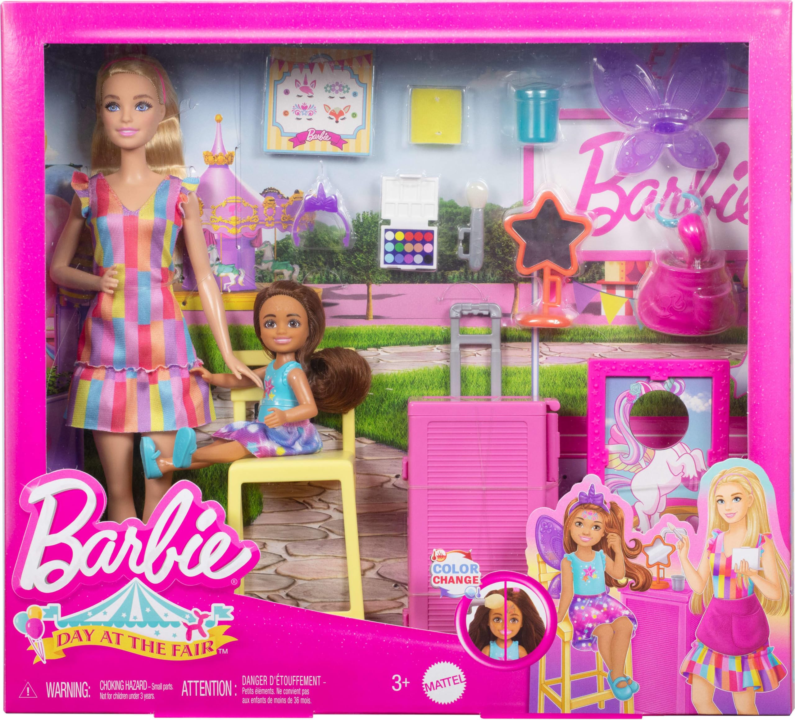 Barbie Day at The Fair Playset z 2 lalkami, farbą do twarzy i uchwytem na zdjęcia, dodatkowe akcesoria, w tym mała lalka Chelsea z zmieniającą kolor twarzy