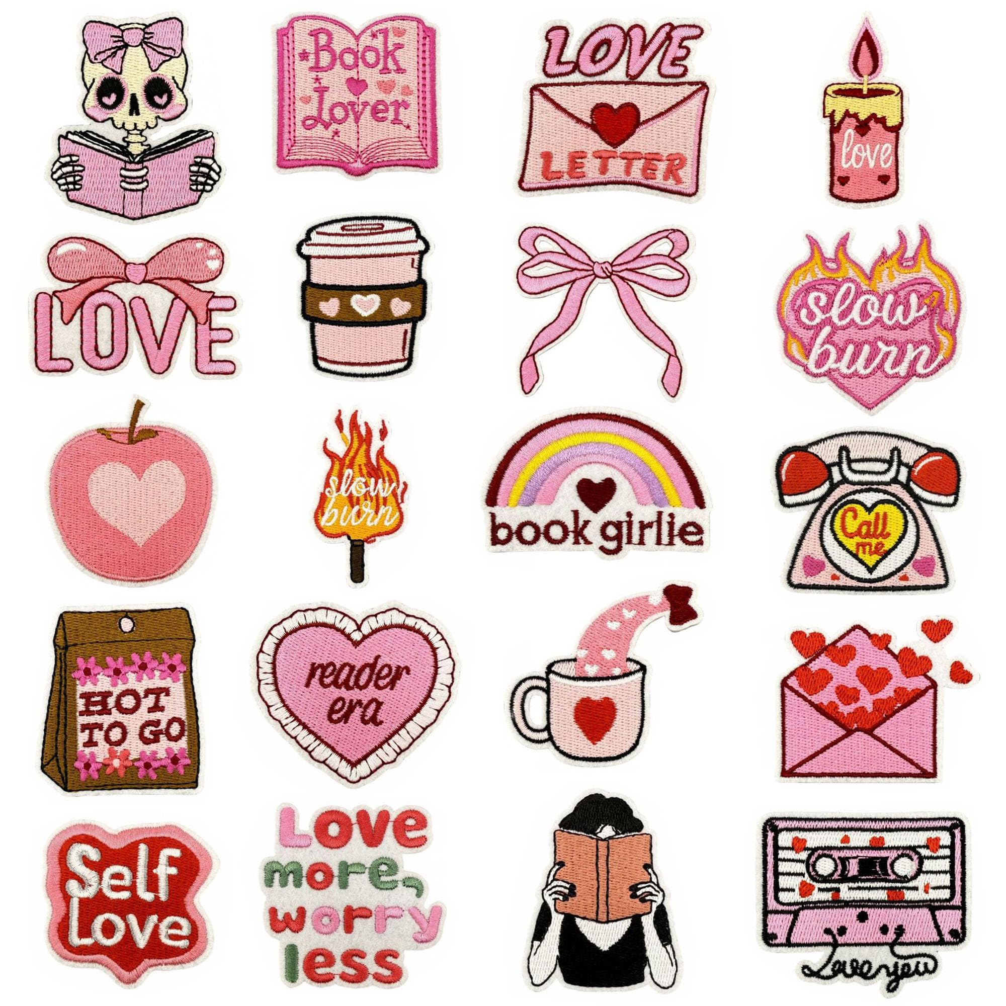 Allazone Iron on Patches, Embroidered Sew Applique Repair Patch Decorative Patches Applique for Craft DIY, Clothing, Hat, Jacket, Backpack, 20 PCS Pink Reading Theme