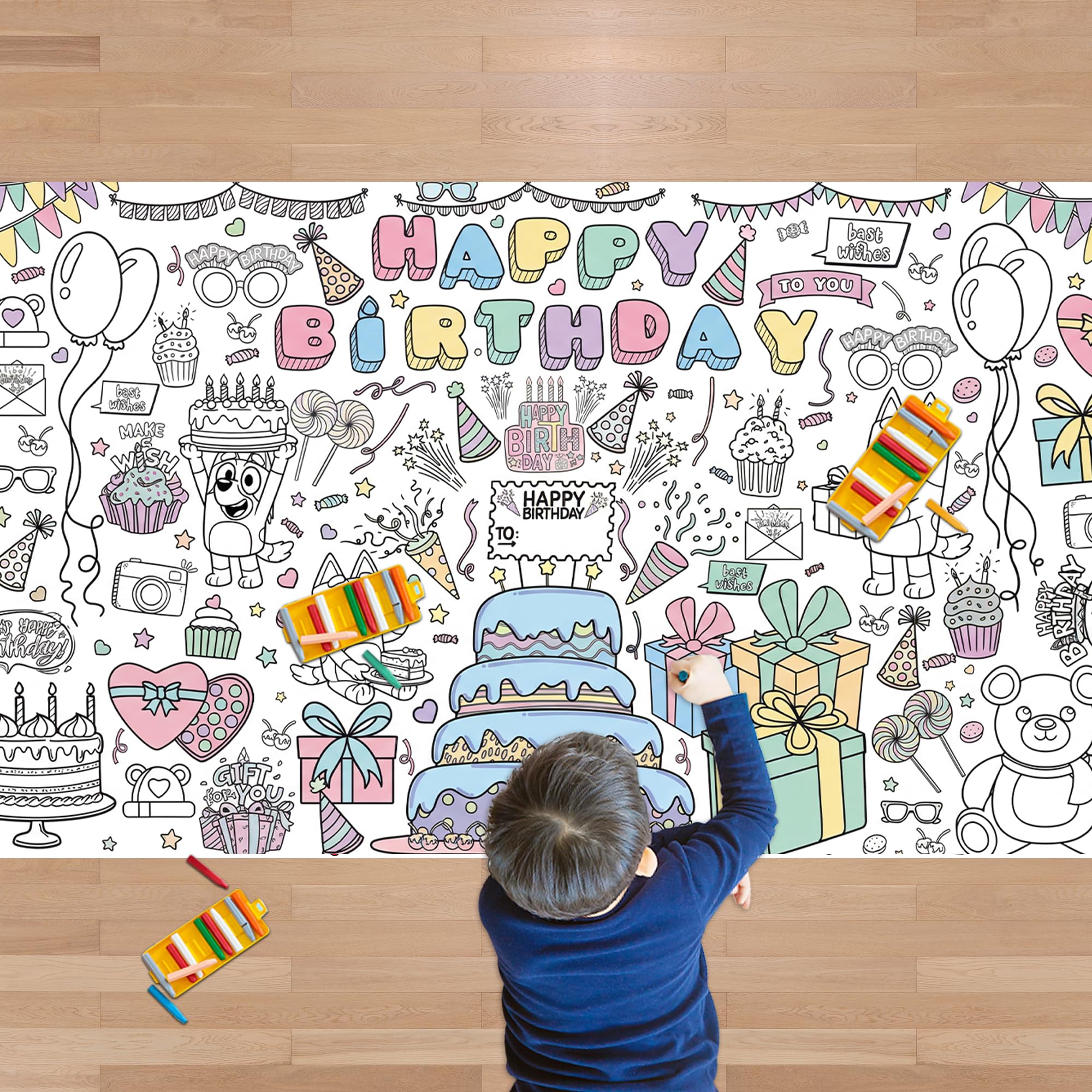 Birthday Giant Coloring Tablecloth,Birthday Crafts for Kids - 72x30 Inches, Paper Coloring Banner Games Activities Gifts Party Decorations