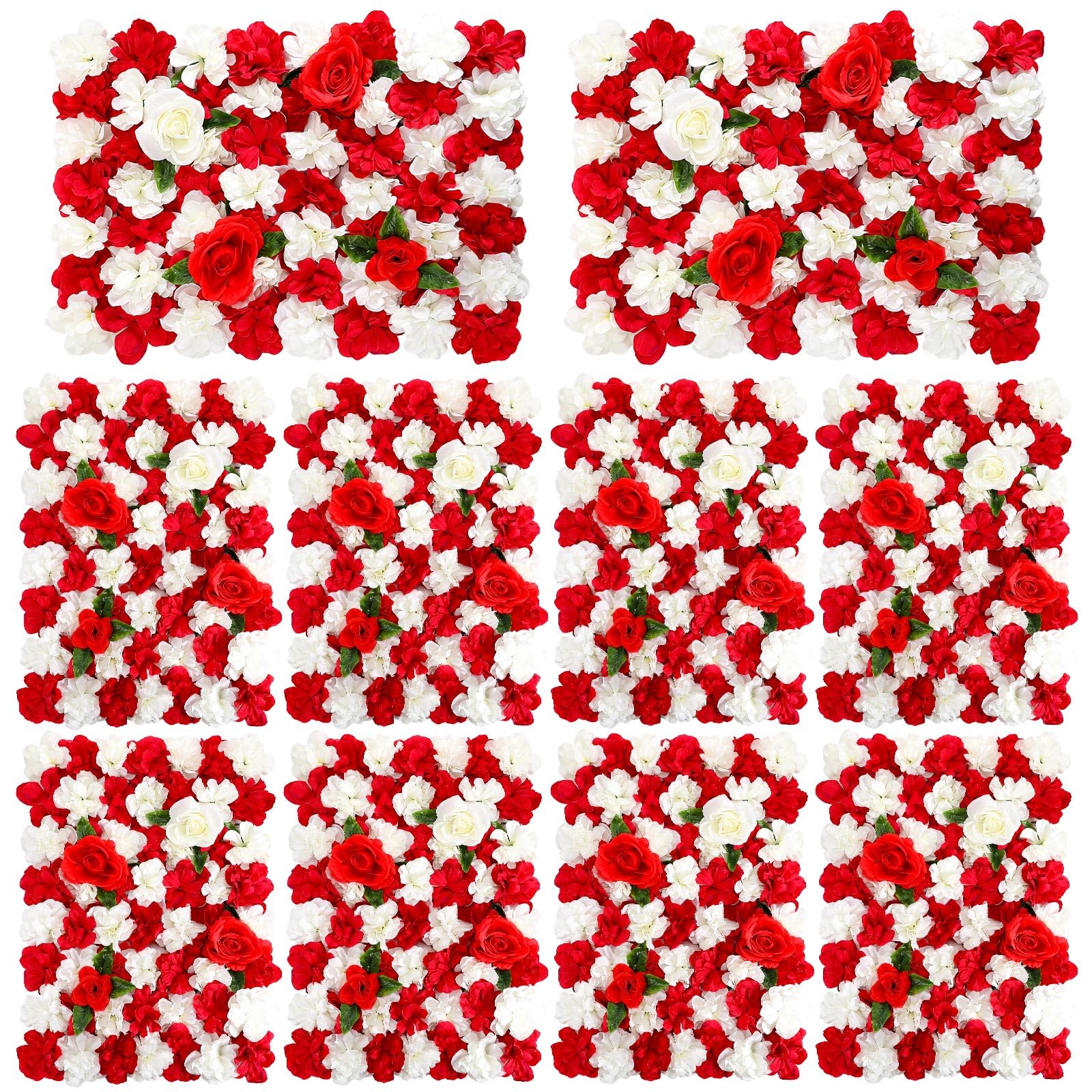 10 Pcs Artificial Rose Flower Wall Panels 24 x 16 Inch Faux Rose Flower Backdrop Artificial Rose Flower Wall Floral Panels Backdrop for Wedding Party Birthday Home Wall Hanging (Red,White)