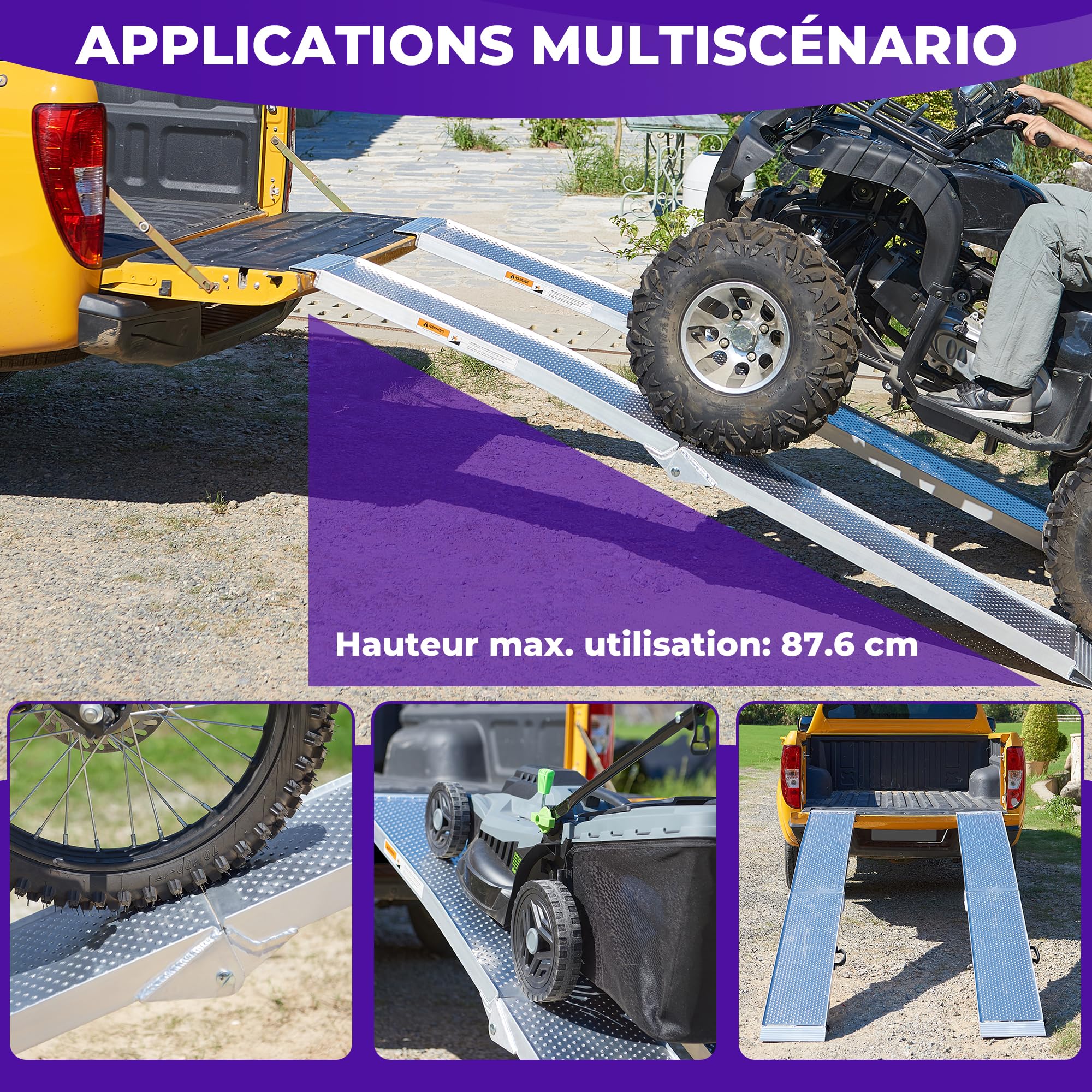 FACHNUO Rampe Pliable en Aluminium Renforcée 228x28cm, Capacité de Charge 680 kg pour Moto, Quad, Camion - Poignée Transportable, Surface Anti-Dérapante, Gain de Place (1 Paire, Argent)