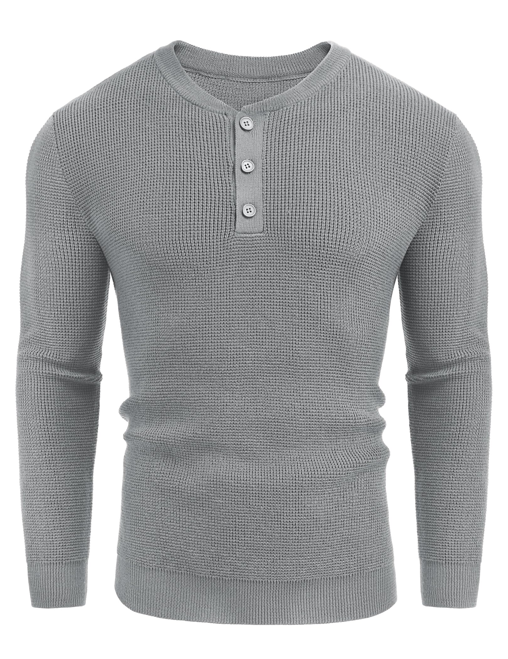 COOFANDYMens Crew Neck Jumper Henley Shirt Chunky Knitted Sweater Long Sleeve Shirts Waffle Pullover Regular Fit Jumpers with Button