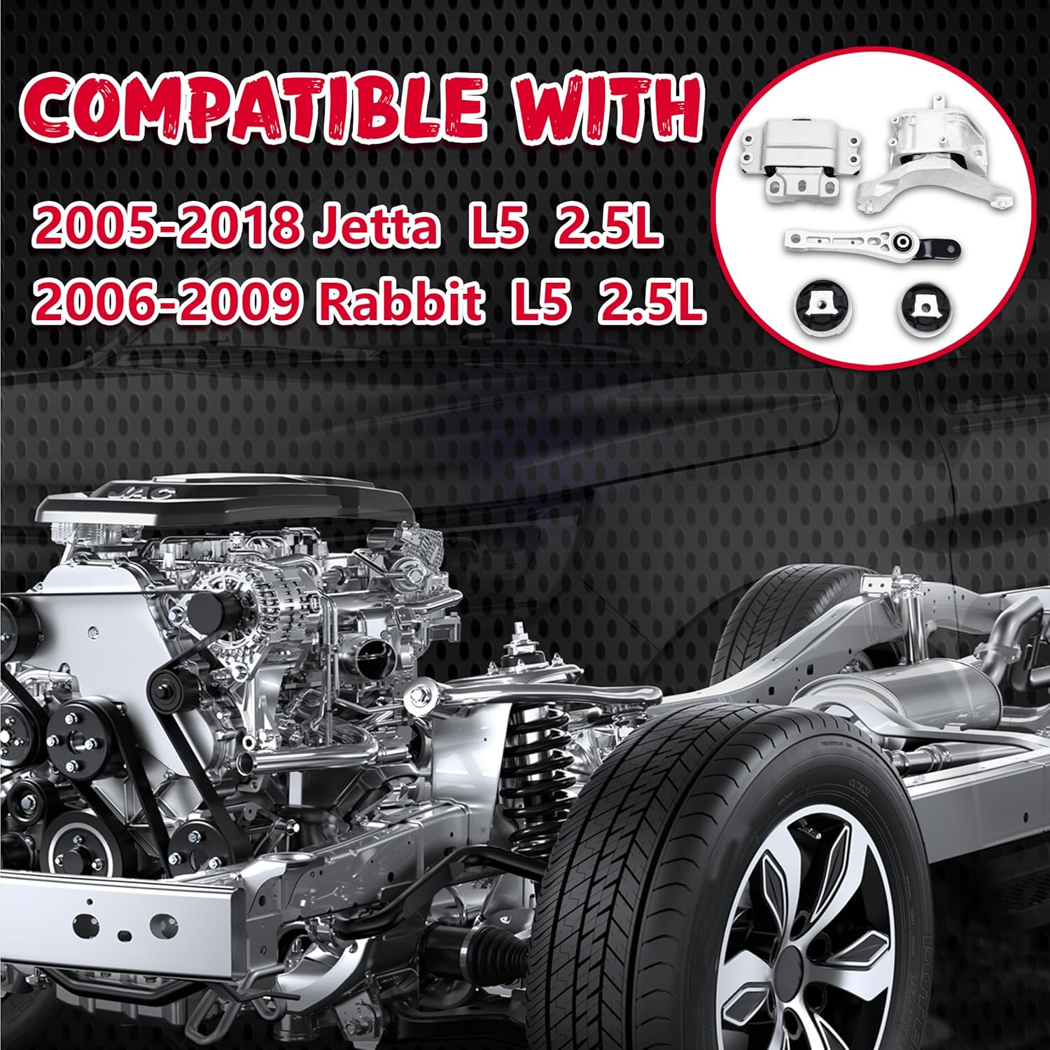 Engine Motor and Transmission Mount Kit Compatible with 2005-2018 Jetta 2.5L L5 Rabbit 2006-2009 L5 2.5L 5PCS 10012 9283 9245 9260 9263 A4928 A6969 A6966 A4927 A6962