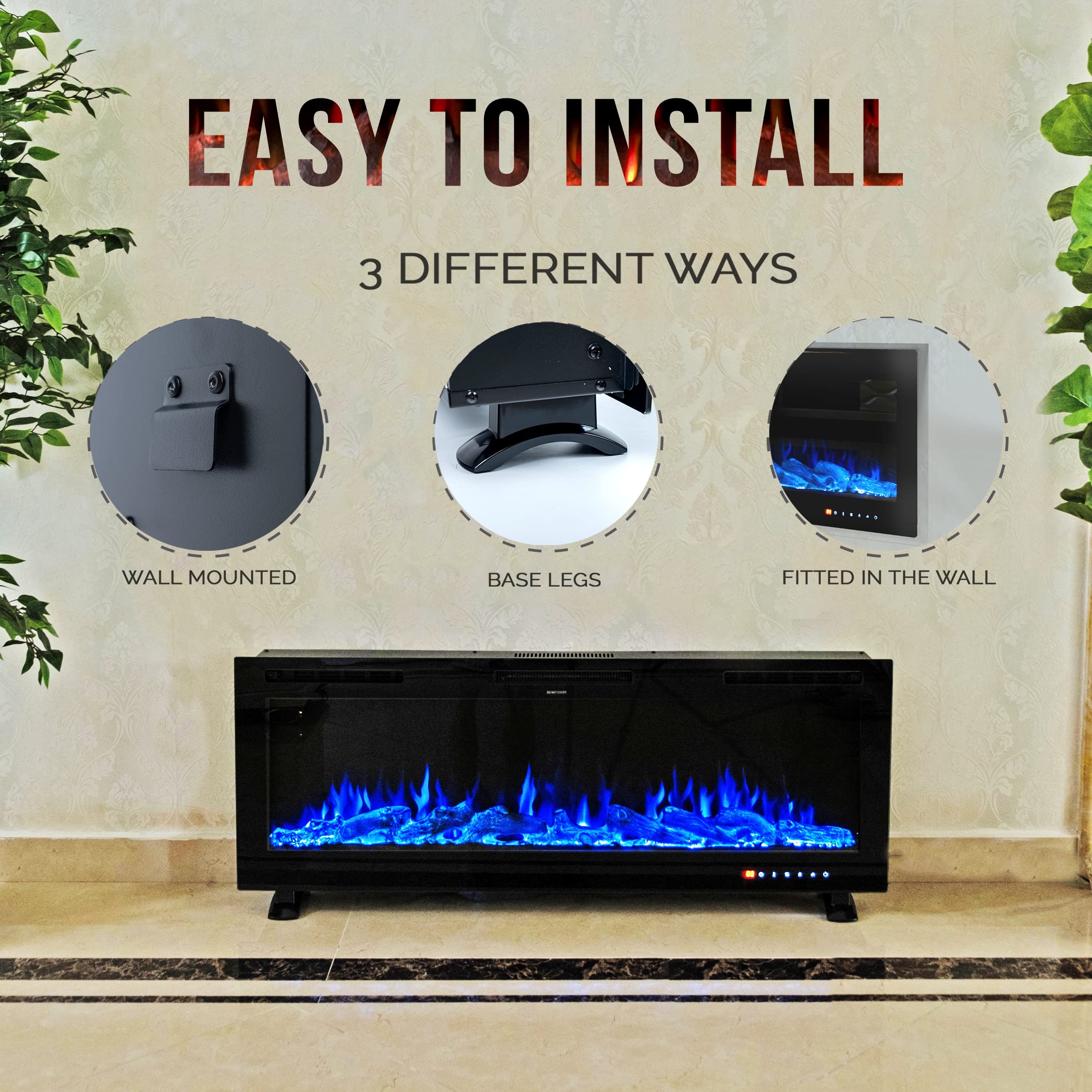 Amazon.com: Chicu0026Cozy Electric Fireplace Insert | 60 Wall Mounted,  Recessed Or Base Legs | Plays Music with 2 Bluetooth Speakers | 10-Color  Flame LED | Remote Control, Touch Screen, WiFi App u0026