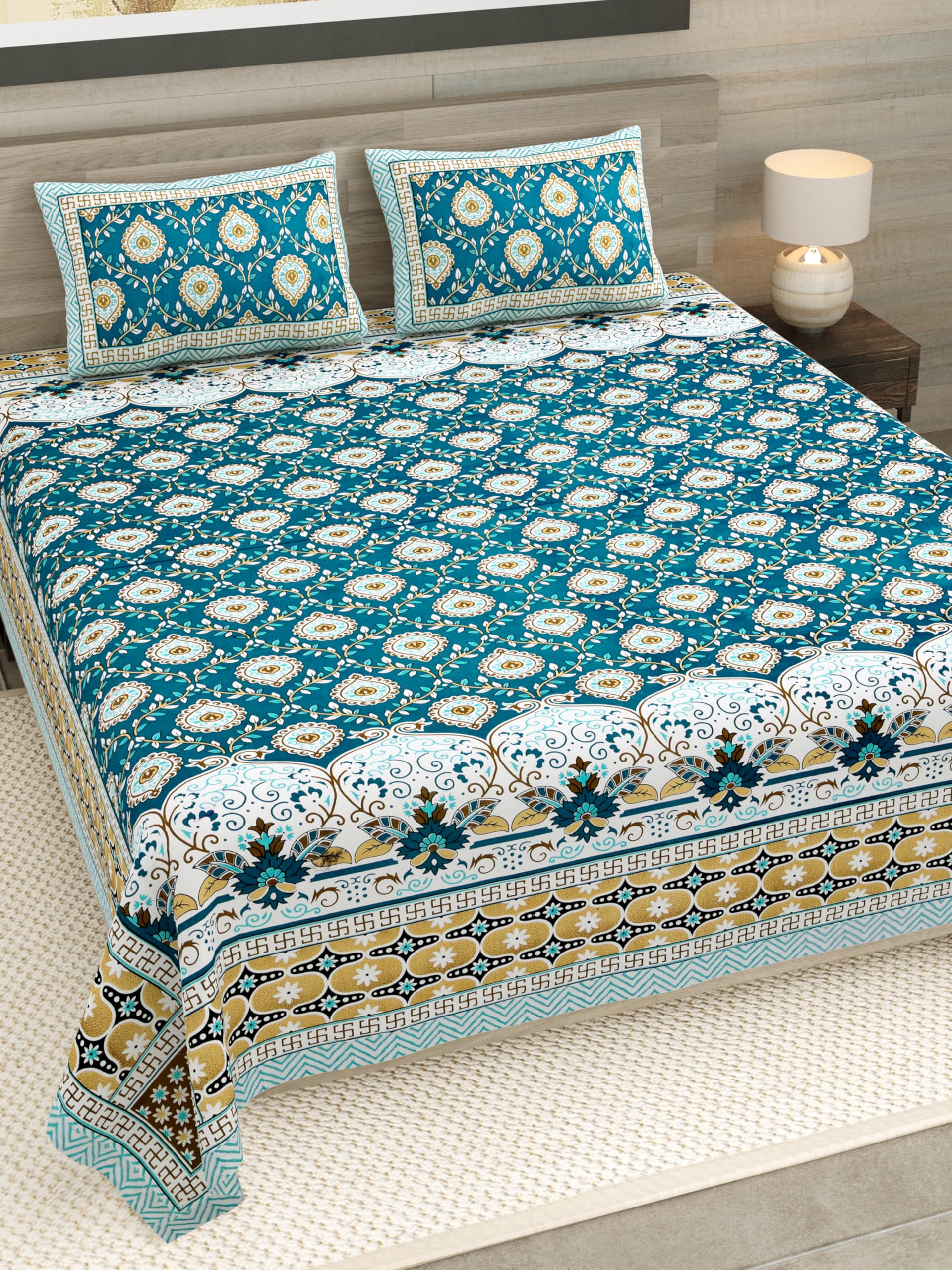 RajasthaniKart Pure Cotton 180 TC King Size BEDSHEET with 2 Pillow Cover - 90X108 (Suitable for King Size Bed Sheet or Double Bed, Teal) PSP 141-picture-13
