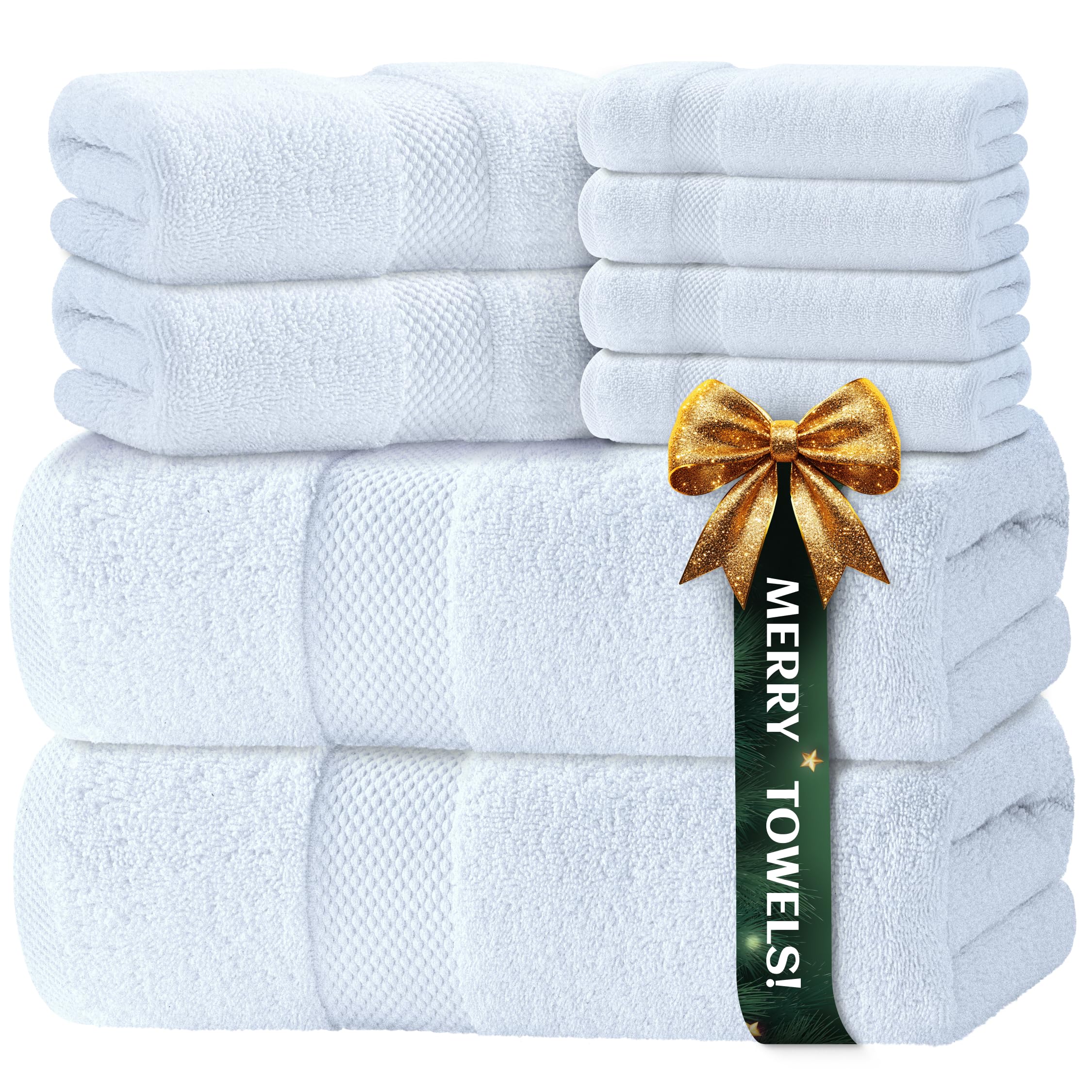 White Classic Luxury Bath Towel Set of 8 Pieces - 100% Turkish Cotton Highly Absorbent Towels for Bathroom, 2 Luxury Bath Towels 700GSM, 2 Hand Towels, 4 Washcloths - White