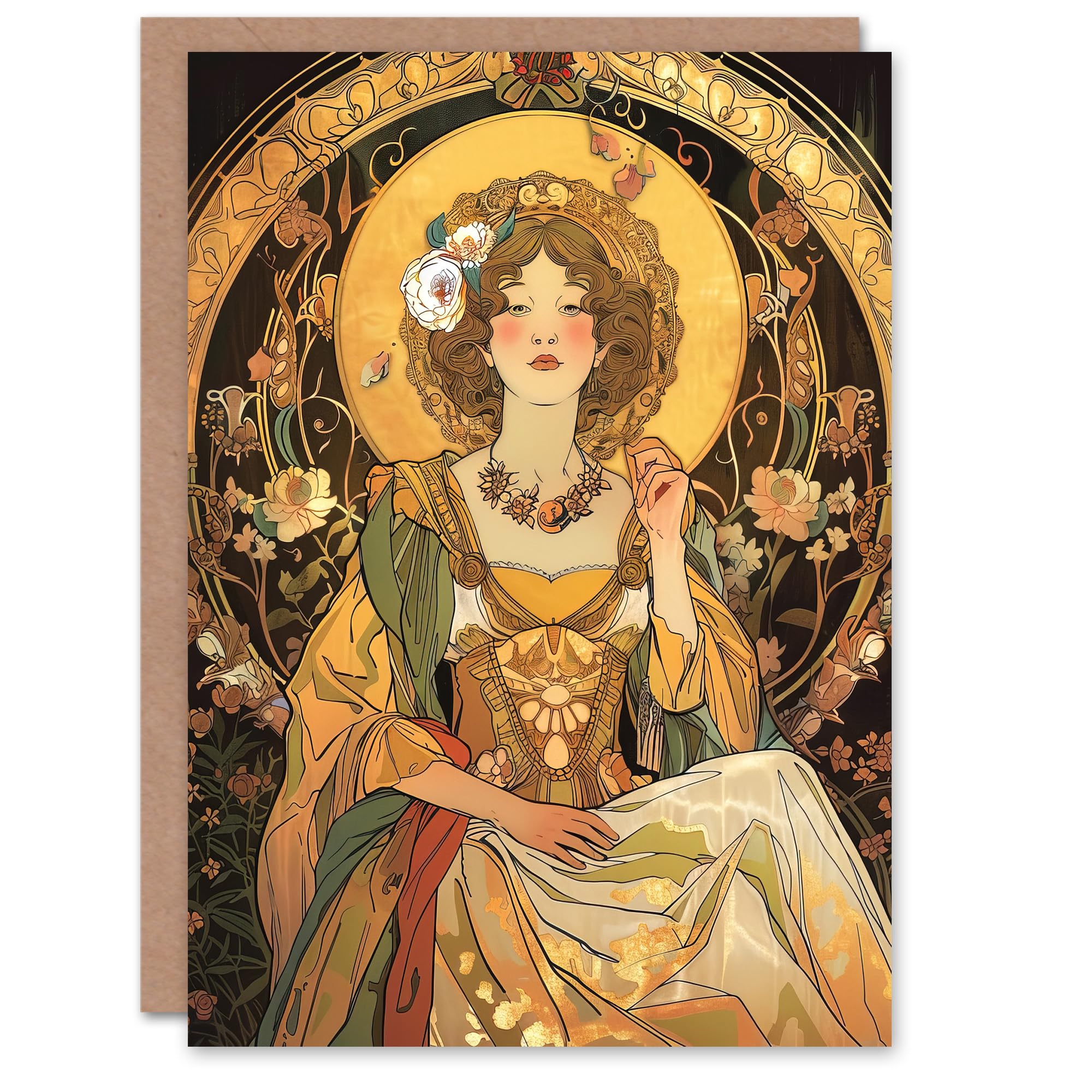 Artery8 Alphonse Mucha Style Floral Art Nouveau Greeting Card Birthday Yellow