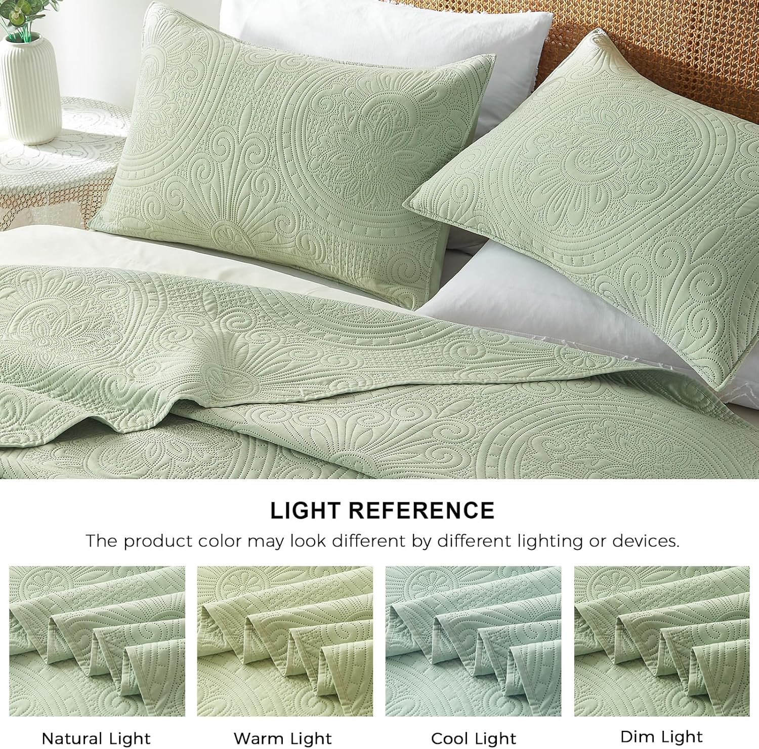 WURUIBO Full/Queen Quilt Set Sage Green,Ultrasonic Embossed Bedspread, Lightweight Microfiber Coverlet, Modern Thin Bedding Set for All Season, 3 Piece(1 Quilt,2 Pillow Shams) - Image 5