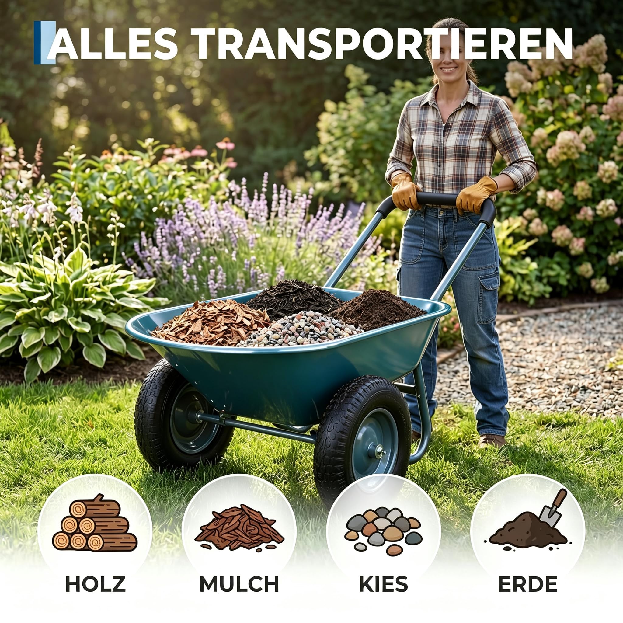 Garten Schubkarre， 2 Räder, 100L 272 kg Tragkraft，Luftbereifung