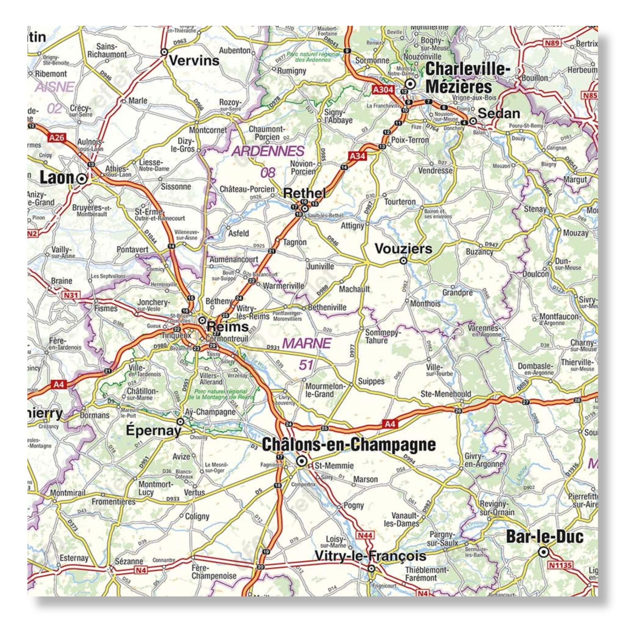 Carte routière de la région Grand Est - Poster plastifié 100x70 cm - Édition 2026