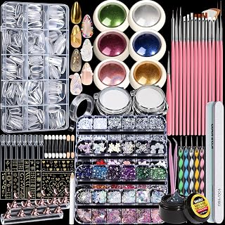 Teenitor Acrylic Nail Kit for Beginners: 300 Almond Tips, 8 Chrome Powders, Brushes, Charms, 3D Gel, Tools & Stand