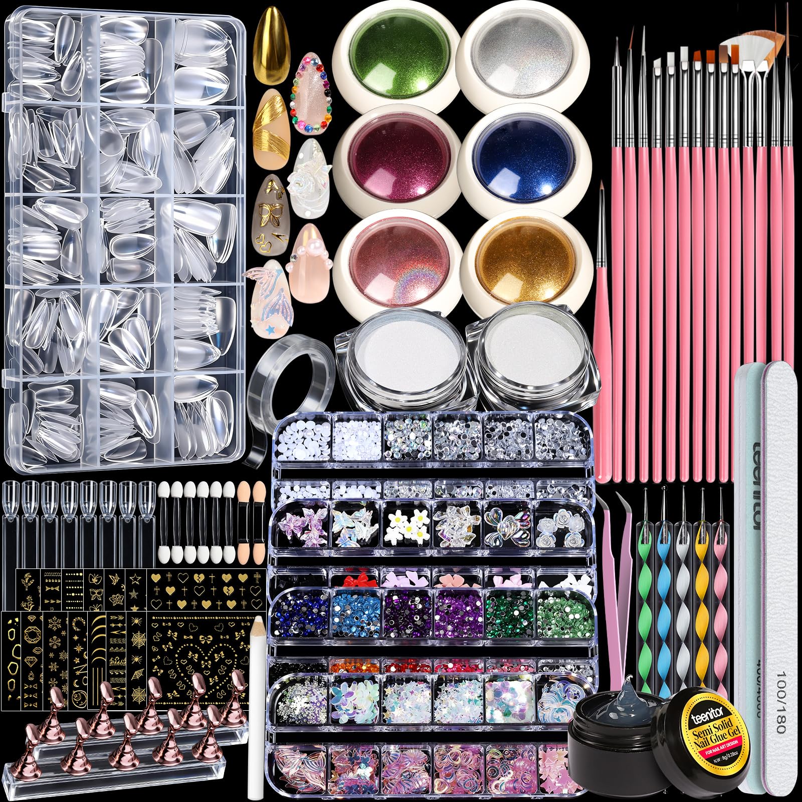 Teenitor Acrylic Nail Kit With Chrome Powder Almond Tips Art Brushes Charms 3D Gel Tools Stand - Beginner