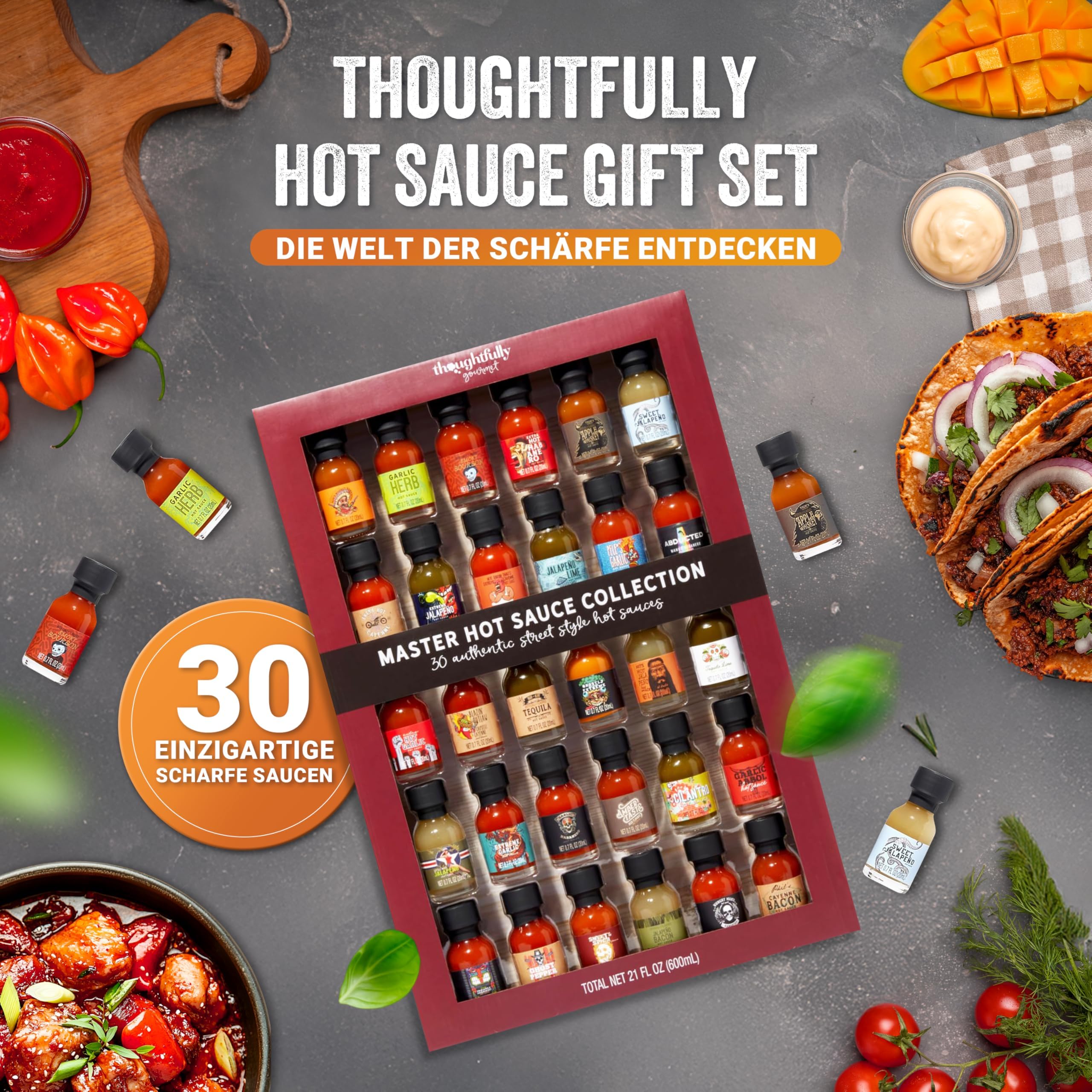 Geschenkset mit 30 scharfen Soßen – Chili Saucen Probierset 20 ml
