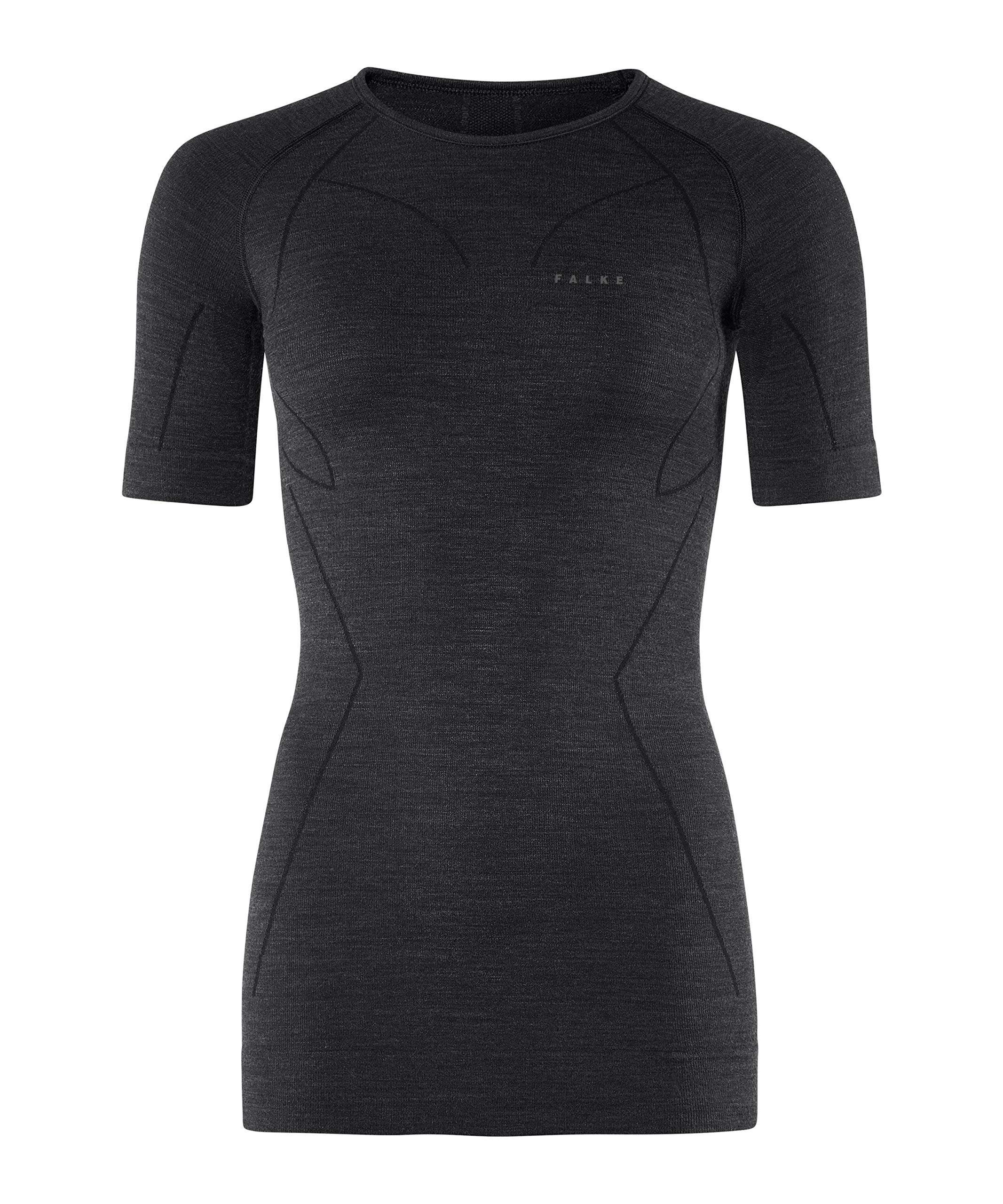 FALKE Damen Wool Tech. Funktionsshirt Kurzarmshirt Wolle Schwarz Grau Atmungsaktive Unterwäsche zum Sport sehr warm schnelltrocknend für kalte bis sehr kalte Temperaturen 1 Stück