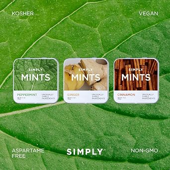 SIMPLY MINTS Natural Breath Mint Sampler, 6 Pack (180 Pieces), Made with Peppermint, Ginger, and Cinnamon Oils, Aspartame-Free, Sorbitol-Free, Xylitol-Free, Vegan, Kosher, Non-GMO