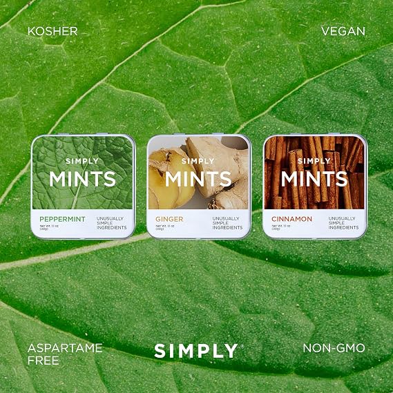 SIMPLY MINTS Natural Breath Mint Sampler, 6 Pack (180 Pieces), Made with Peppermint, Ginger, and Cinnamon Oils, Aspartame-Free, Sorbitol-Free, Xylitol-Free, Vegan, Kosher, Non-GMO