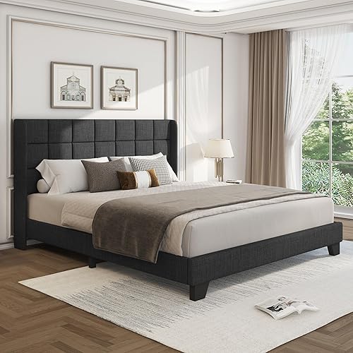 Miniatura 3 de WEEWAY Base de cama tapizada con respaldo de ala, tamaño Queen, cabecera capitonada, listones de madera, no necesita somier, fácil montaje, gris