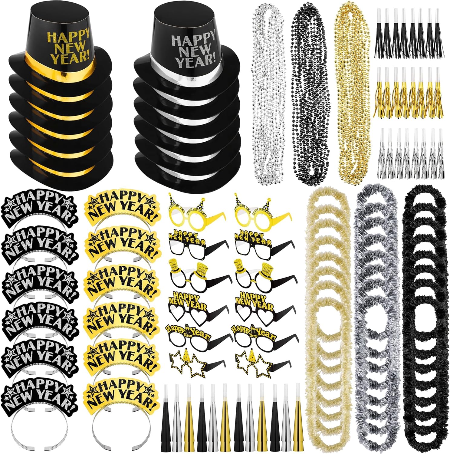 Fovths 132 Pieces 2026 New Years Eve Party Supplies Includes Glasses Top Hats Headband Noisemakers Horns Bead Necklaces Plastic Leis New Year Party Favors for Celebration Decoration Gift