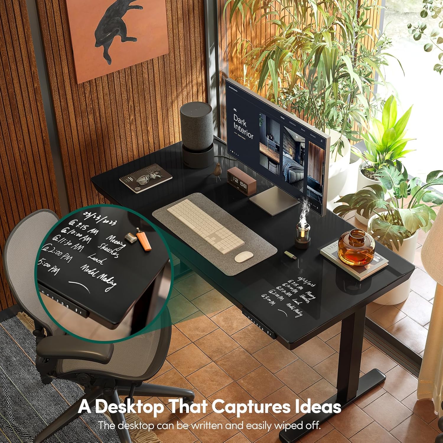 FEZIBO 55 × 24 Electric Standing Desk with Drawers, Whole-Piece Glass Adjustable Height Desk, One-Piece Quick Install Adjustable Sit Stand Desk, Black