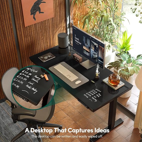 FEZIBO 55 24 Electric Standing Desk with Drawers, Whole-Piece Glass Adjustable Height Desk, One-Piece Quick Install Adjustable Sit Stand Desk, Black