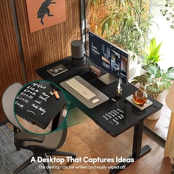 FEZIBO 55 24 Electric Standing Desk with Drawers, Whole-Piece Glass Adjustable Height Desk, One-Piece Quick Install Adjustable Sit Stand Desk, Black