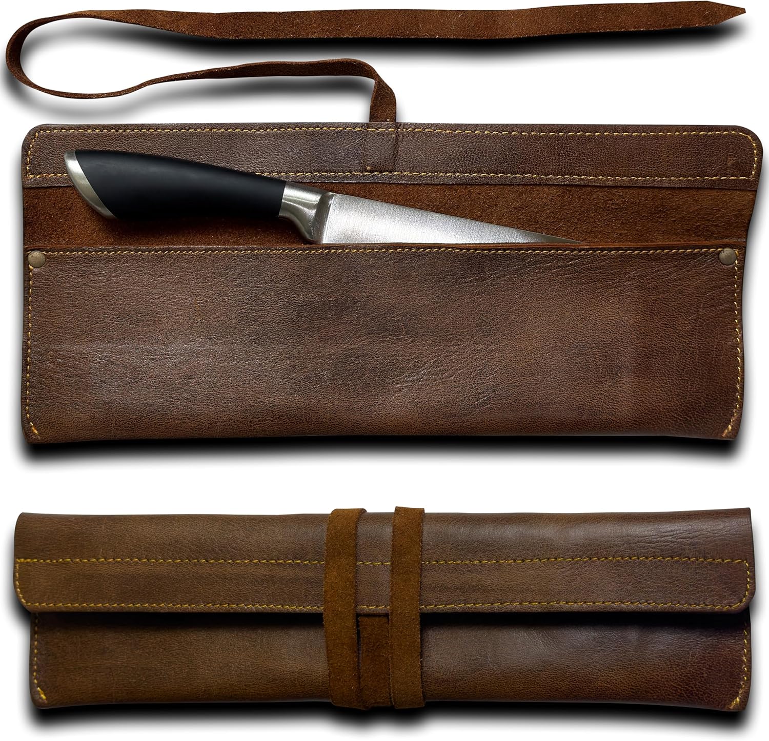 Handmade Leather Chef Knife Sheath – Universal Fit | Single Slot Knife Roll | Heavy Duty Leather Knife Cover with Belt Wrap | Kitchen Knife Storage