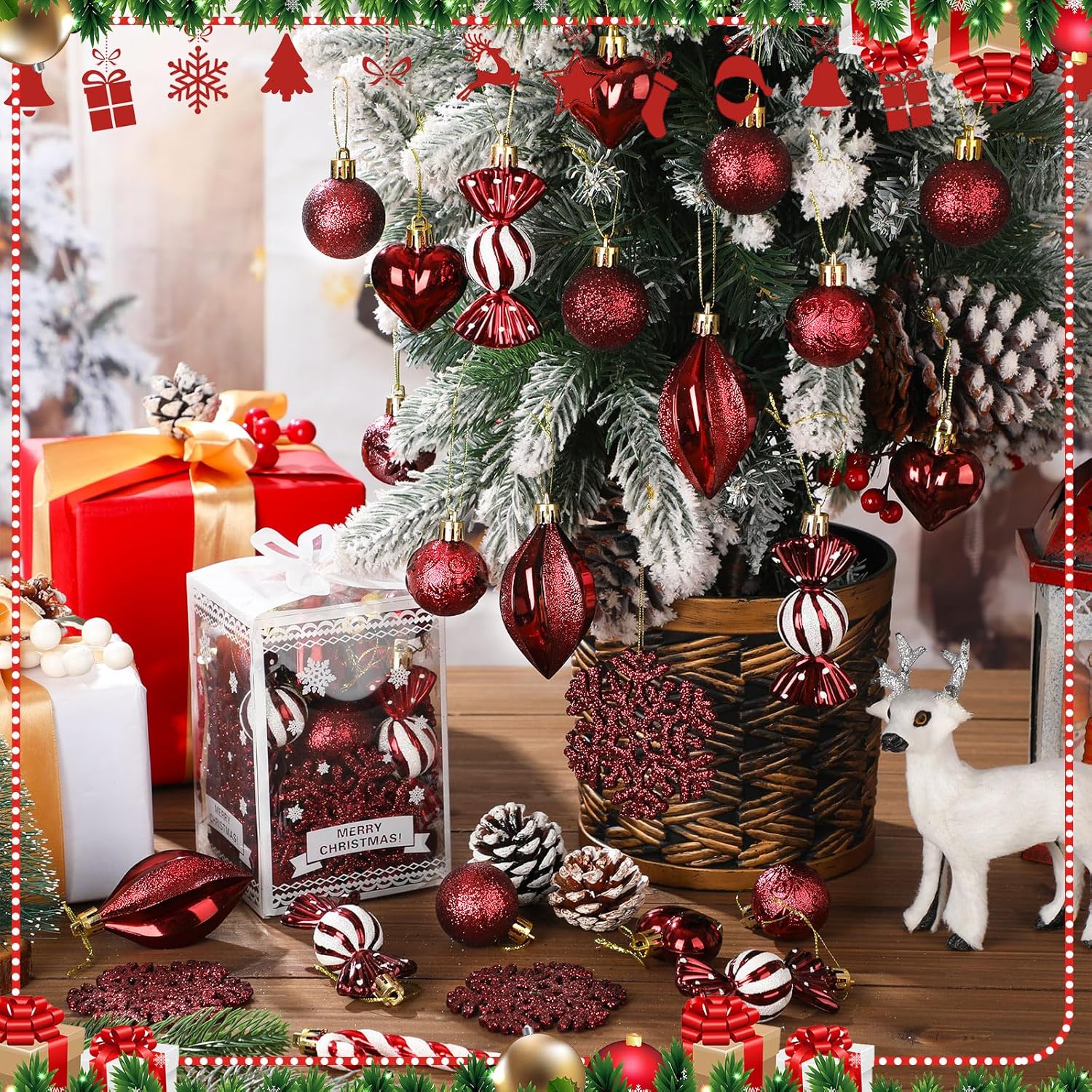 Realspring 52 Pcs Burgundy Christmas Ball Ornaments Set Wine Red Shatterproof Plastic Tree Hanging Ornaments Wine Color Christmas Decorations for Xmas Tree Wreath Wedding Holiday Party Decor