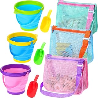 Glimin 9 Pcs Beach Toys, Include 3 Beach Mesh Bag Shell Collecting Bags with 3 Foldable Sand Bucket Collapsible Bucket and 3 Shovels for Beach, Pool, Outdoor Summer Activities (Round)