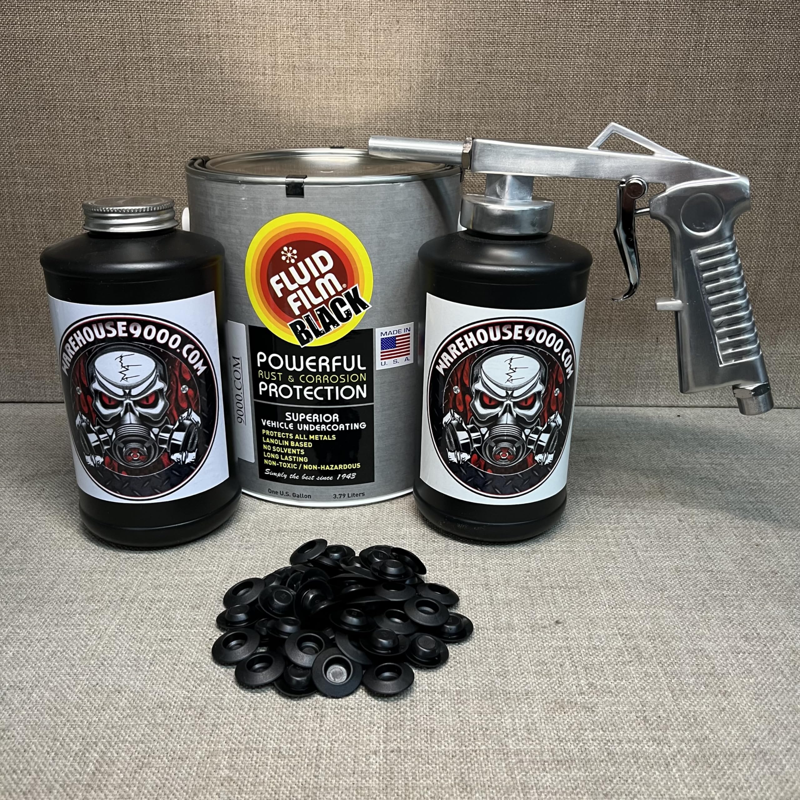 Fluid Film Black Gallon, Standard Economy Undercoating Gun, 2 Black Quart Bottles, and 50 Rust Plugs