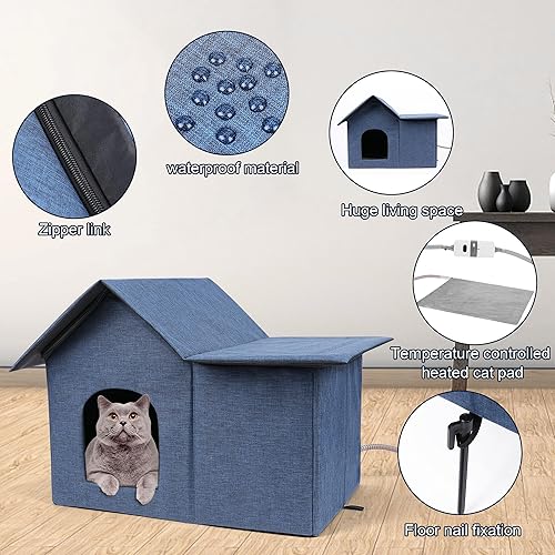 Miniatura 5 de Casa climatizada para gatos y gatitos exteriores, 19 x 22 x 17 pulgadas, casa para gatos climatizada al aire libre con almohadilla en invierno (azul