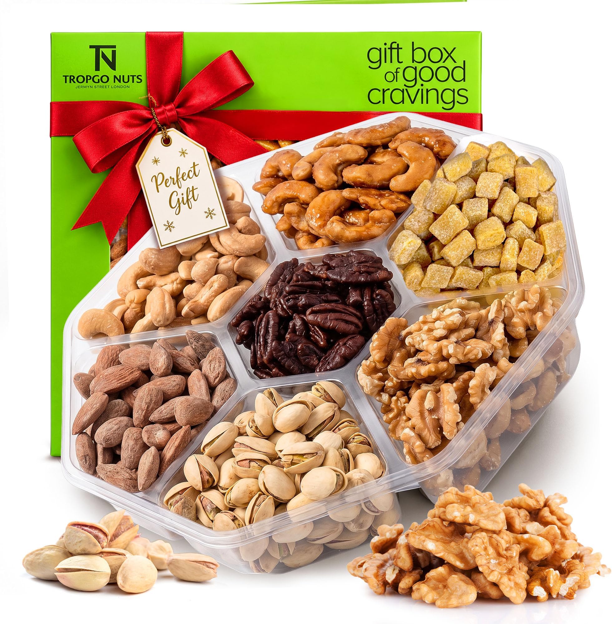 Tropgo Mixed Nuts Gift Set - 7 Sections Healthy Tray Snack, Almonds, Walnuts, Caramelised Cashews, Roasted Salted Cashews, Caramelised Pecans, Pistachios, and Mango Mini Cubes - Kosher Nut Mix