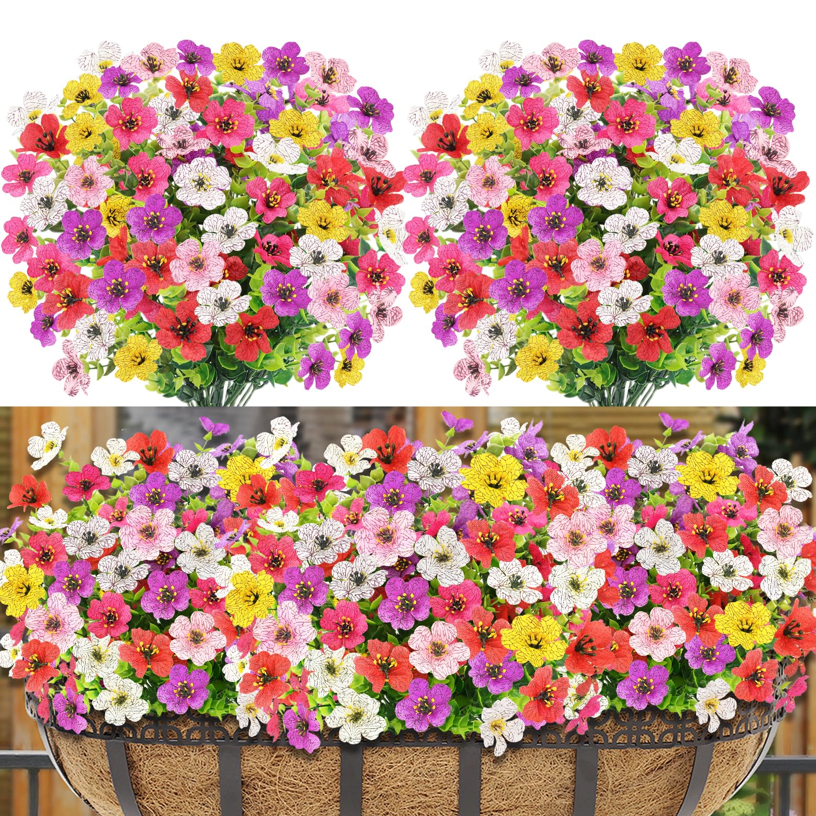 Epaing 6 Bundles of 6 Colours Artificial Flowers Outdoor No Fade Fake Flowers UV Resistant Faux Plants for Garden Home Fence Hanging Baskets Purple Yellow Red Rosered White and Pink Plastic Flower